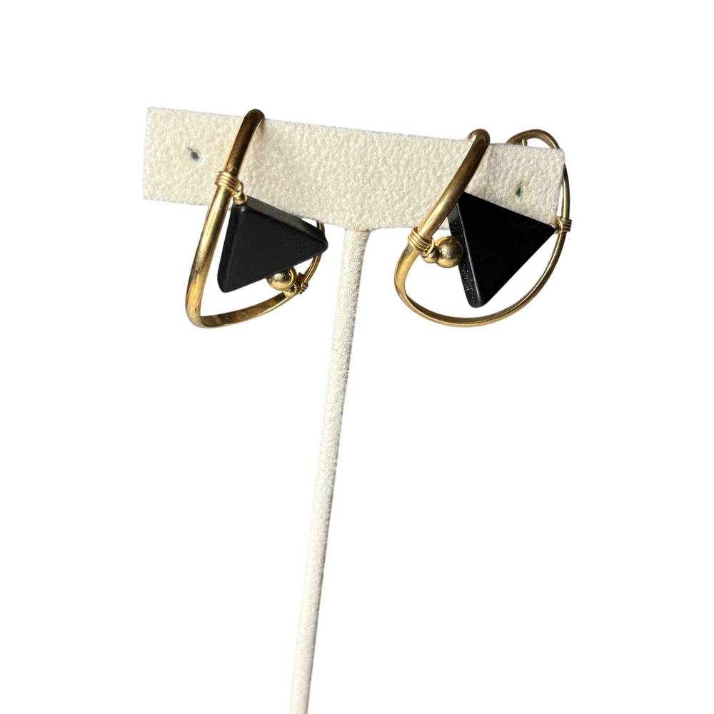 Barbara Barnett BB HOOKER 14k GF Black Onyx Triangle Pierceless Hoops VTG Cuff